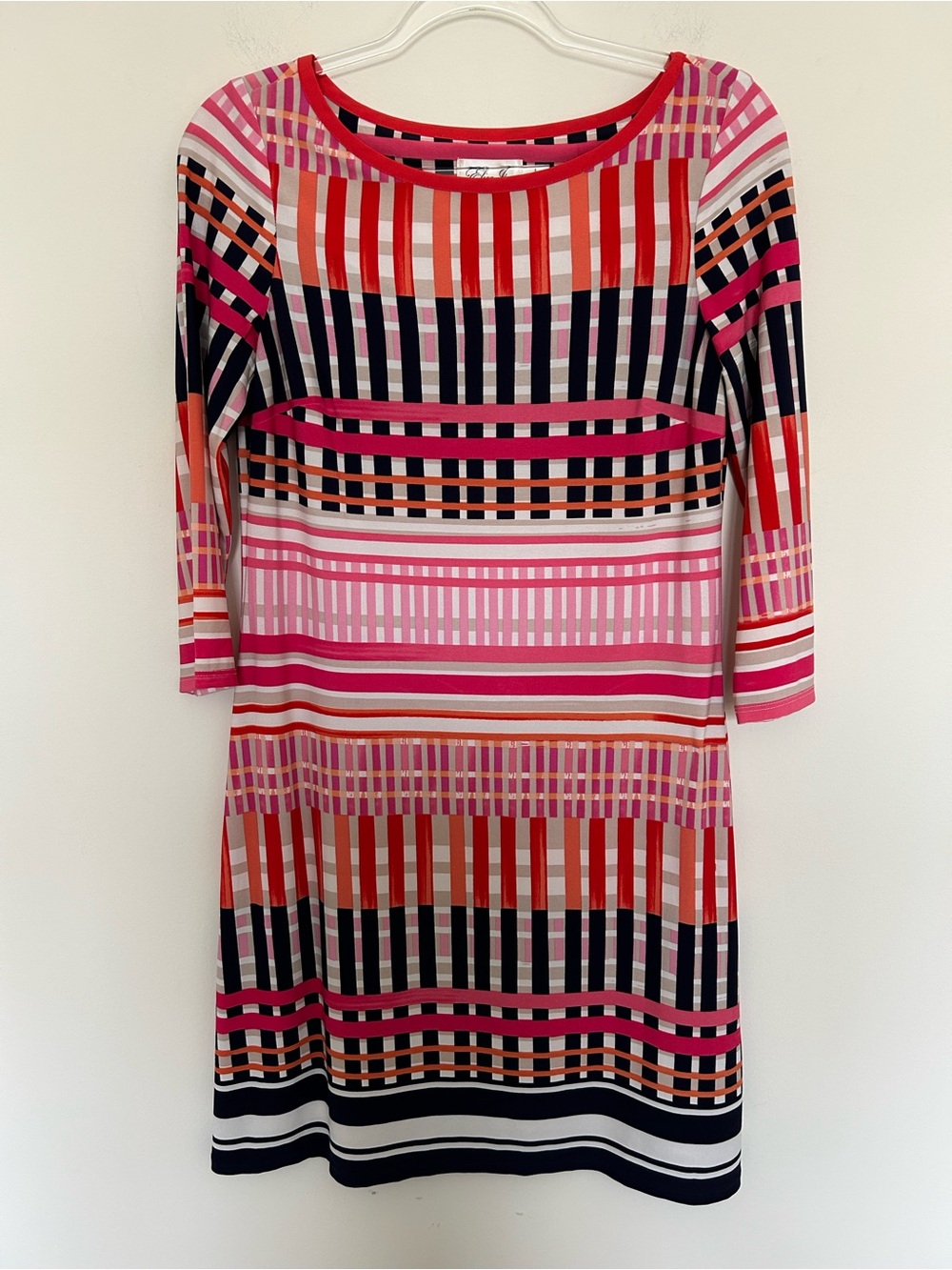 Eliza J Sheath Dress Pink Orange Size 6 Striped Bracelet Sleeve Stretch BoatNeck